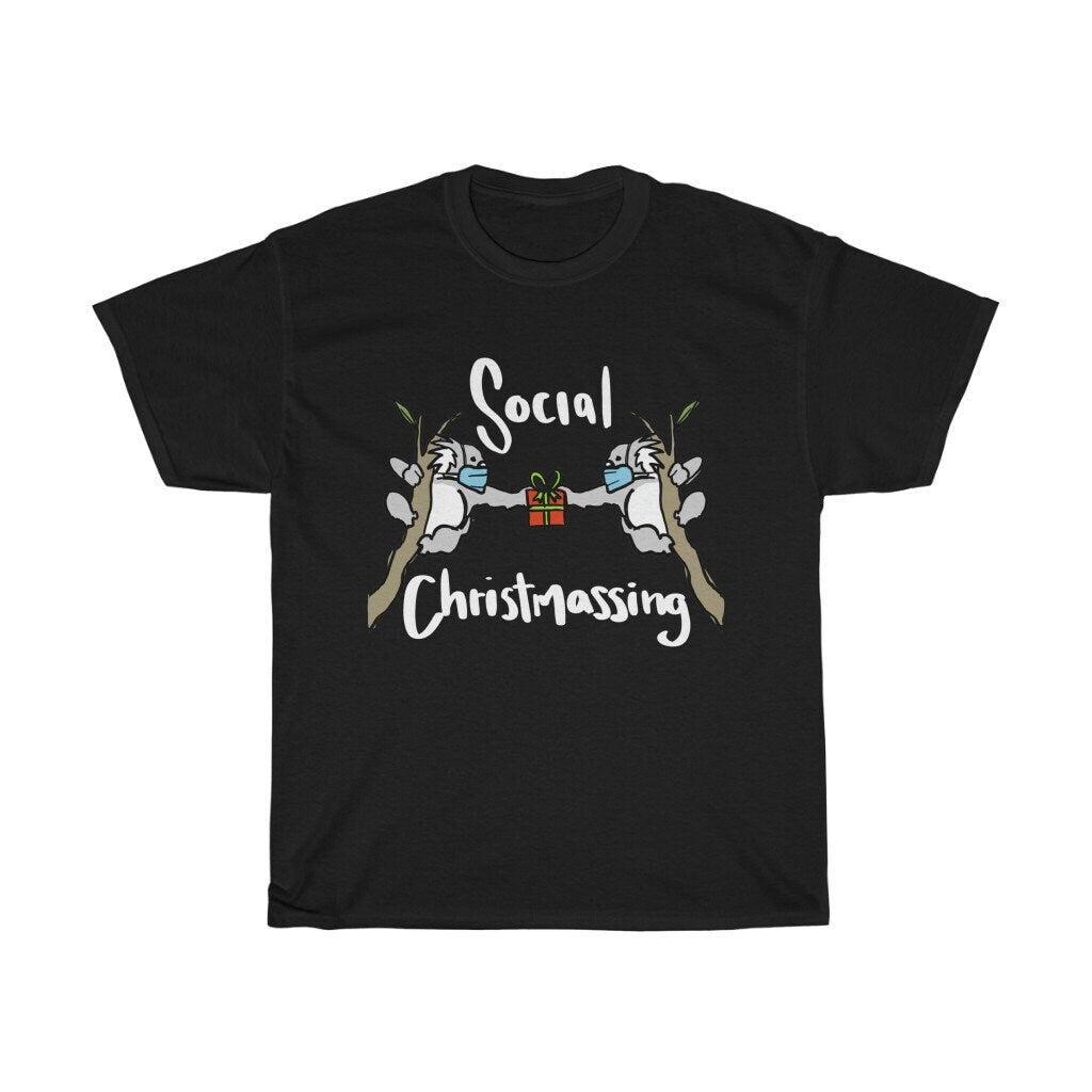 Australian Christmas 2022 Black Shirt, Social Christmassing Christmas Koala Tee with Aussie Koalas wearing a Mask holding a gift, Funny Xmas