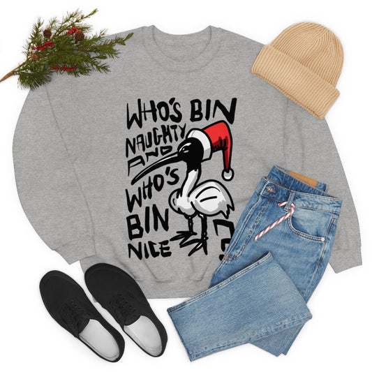 Christmas Bin Chicken Sweatshirt - Australian Bin Chicken Christmas Themed Jumper with quote "Who's Bin Naughty and Who's Bin Nice?"